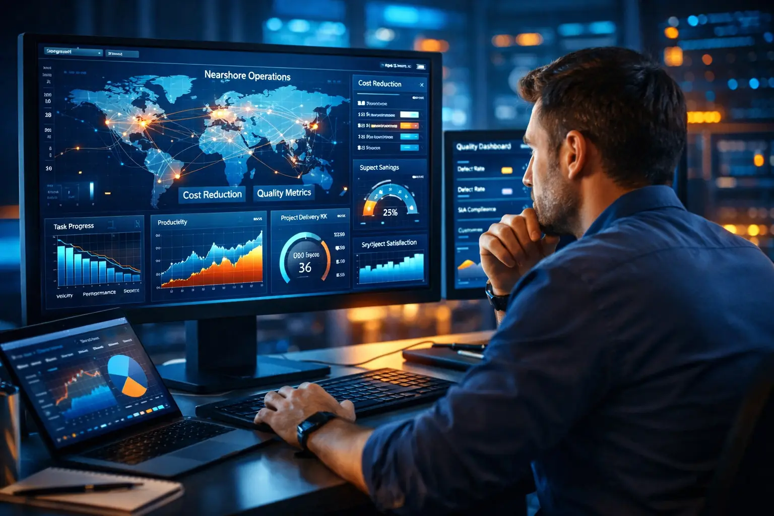 Analyste en cybersécurité devant un grand écran affichant des graphiques et cartes du monde, explorant des métriques de performance. Intègre le concept des 4 piliers de l'iam.