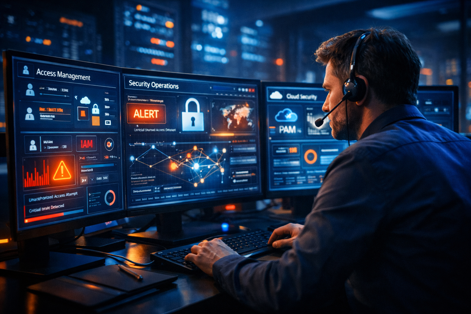 Un analyste en cybersécurité devant plusieurs écrans affichant des dashboards de sécurité et des alertes, casque jusqu au profil, travaillant sur une plateforme d’audit cybersécurité.