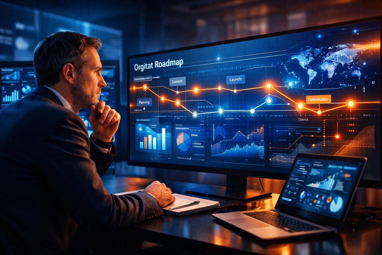 Analyste observant un écran affichant une feuille de route Orgitat avec graphiques et données, travail sur ordinateur. outsourcing it avantages inconvénients
