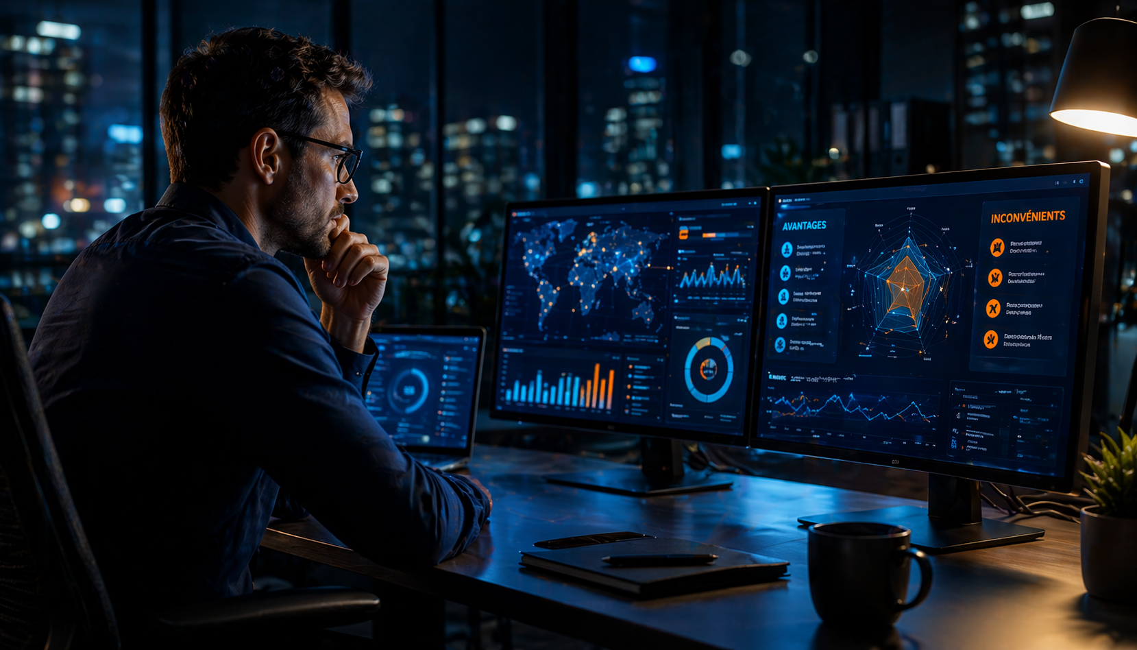 Analyste travaillant tard devant plusieurs écrans affichant des graphiques et données, éclairage nocturne, bureau sombre. outsourcing it avantages inconvénients
