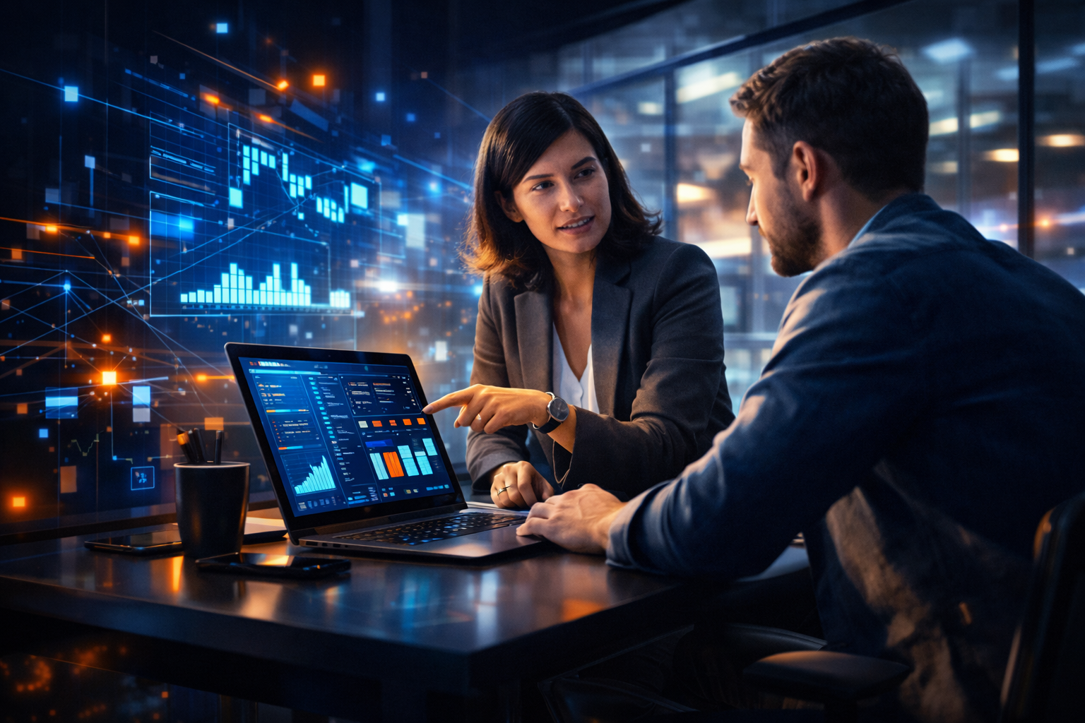 Deux professionnels discutant autour d’un ordinateur portable en salle de travail moderne, affichages et graphiques sur l’écran. qu'est-ce que la méthodologie safe.