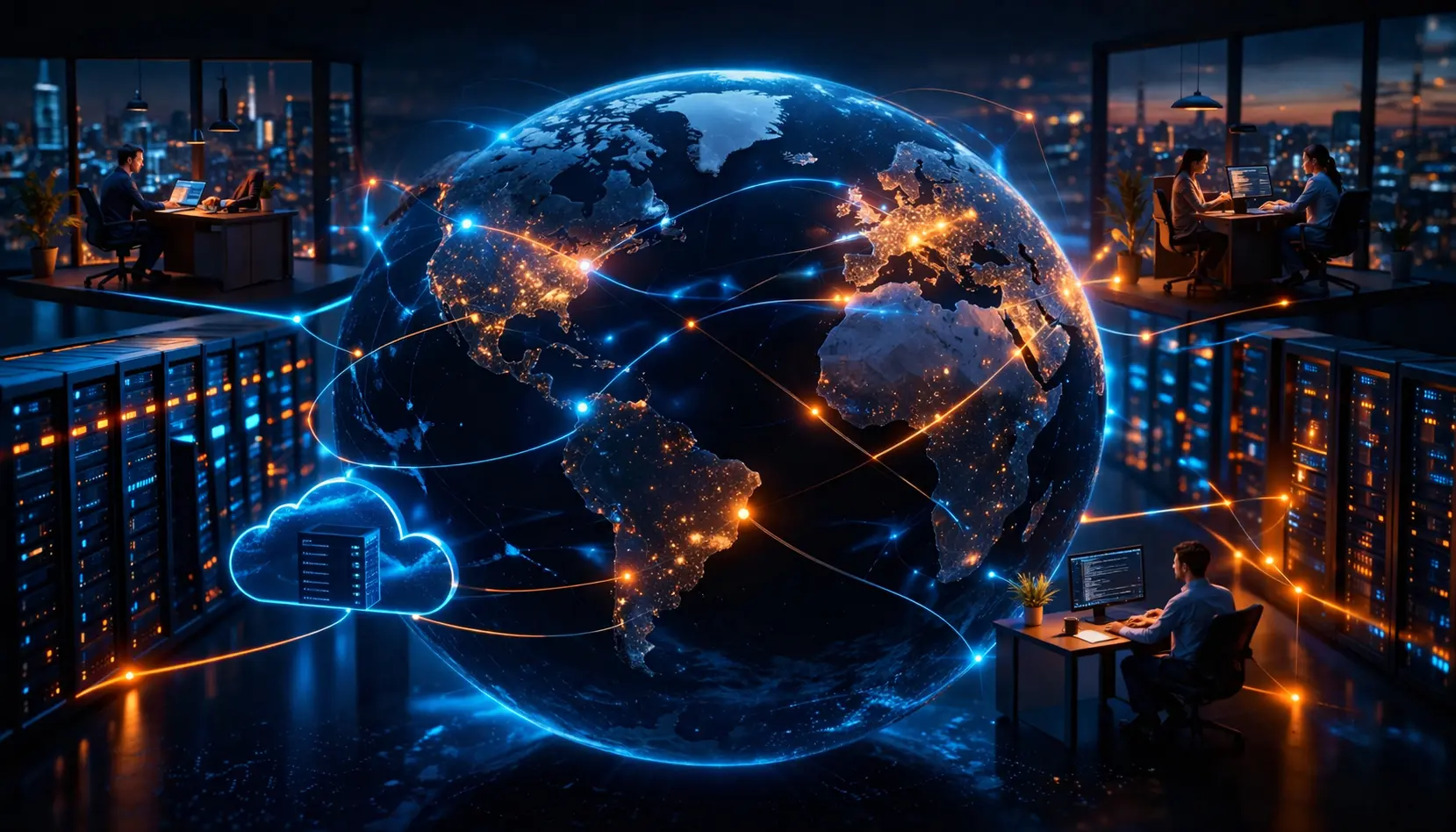 Écran global de la planète entourée de réseaux lumineux connectant des serveurs et bureaux, symbolisant l’informatique cloud et les services IT mondiaux.