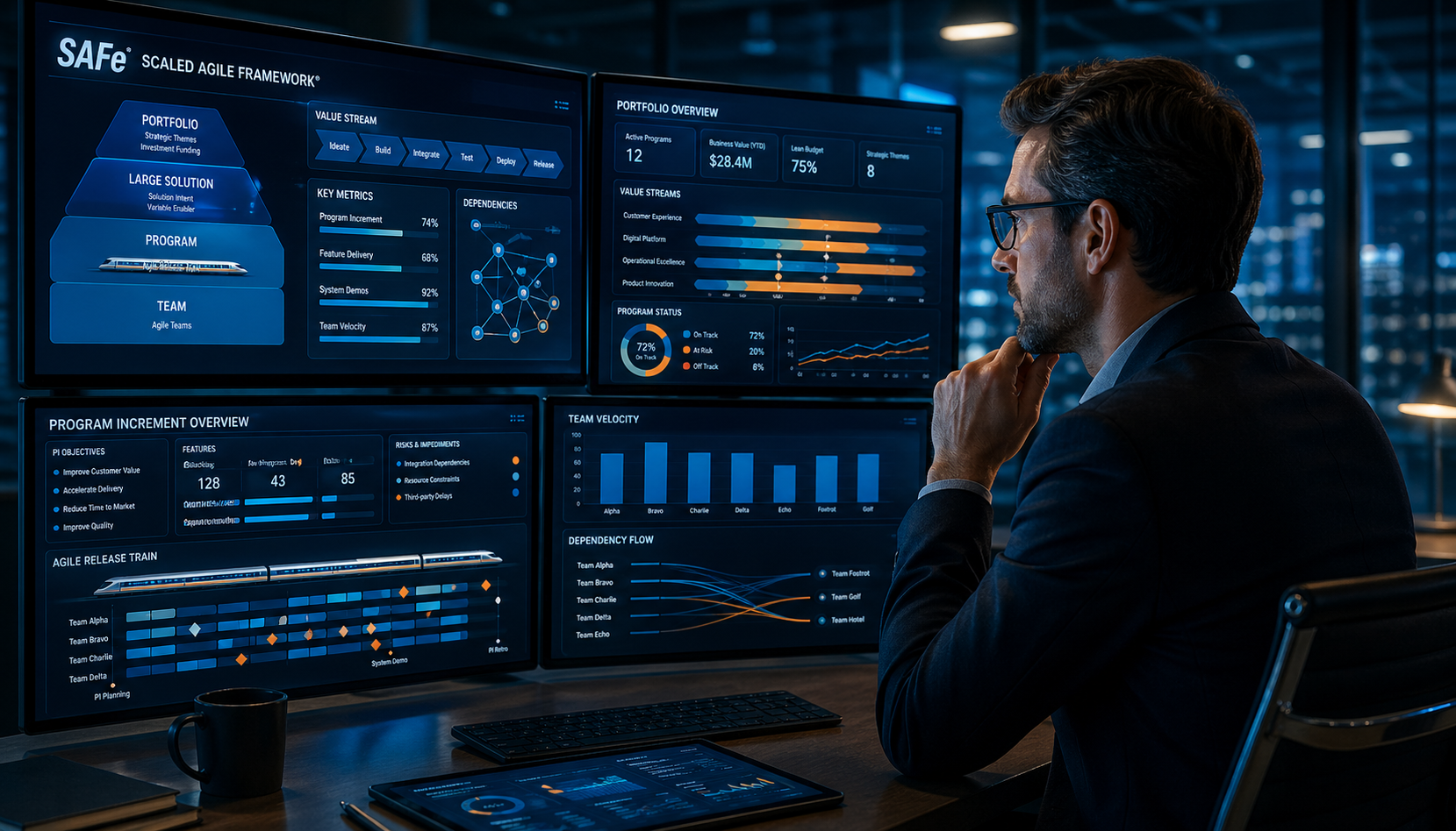 Homme en costume devant plusieurs écrans affichant des graphiques et données sur SAFe (Scaled Agile Framework), analyse et supervision des métriques et du flux de travail. qu'est-ce que la méthodologie safe.