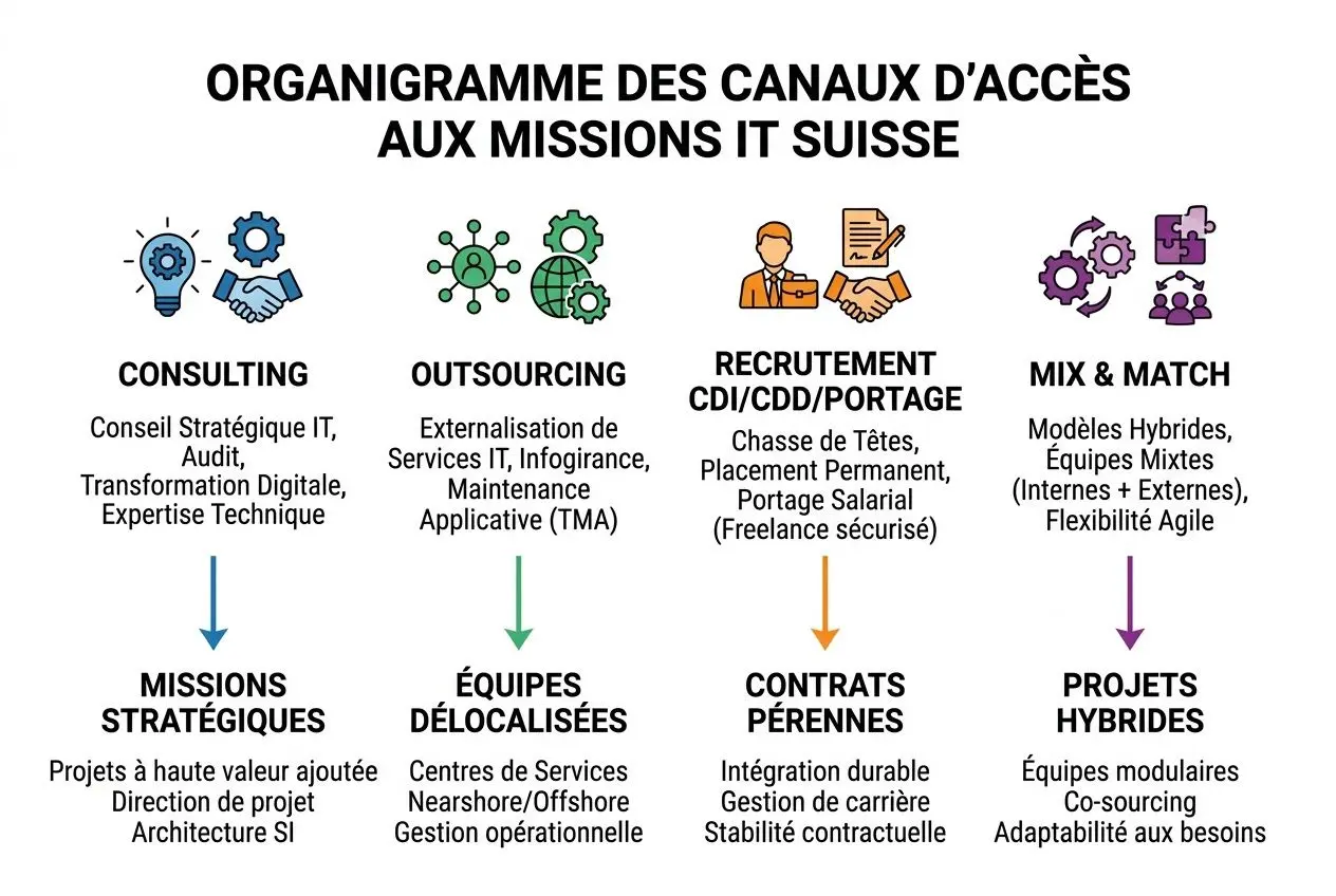 Illustration des quatre modes d'accès aux missions IT en Suisse