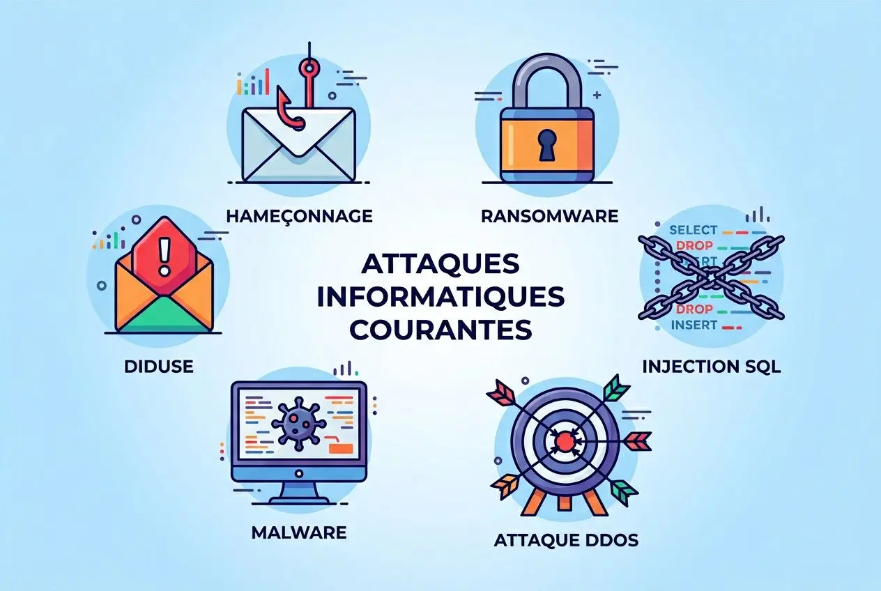 Illustration montrant les différents types d'attaques informatiques: phishing, ransomware, DDoS, injection SQL, malware, déni de service, hameçonnage et mise en scène sécurisée sur fond bleu.