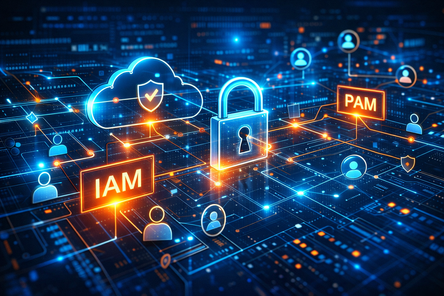 Illustration numérique sur la sécurité et conformité externalisation informatique: cadenas et symboles IAM/PAM, nuages et réseau, mettant en avant la protection des données et l’accès sécurisé.