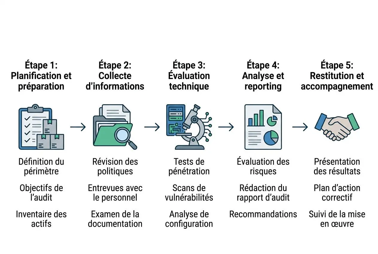 Processus en 5 étapes d’audit cybersécurité illustrant planification, collecte d’informations, évaluation technique, analyse et reporting, puis restitution et accompagnement.