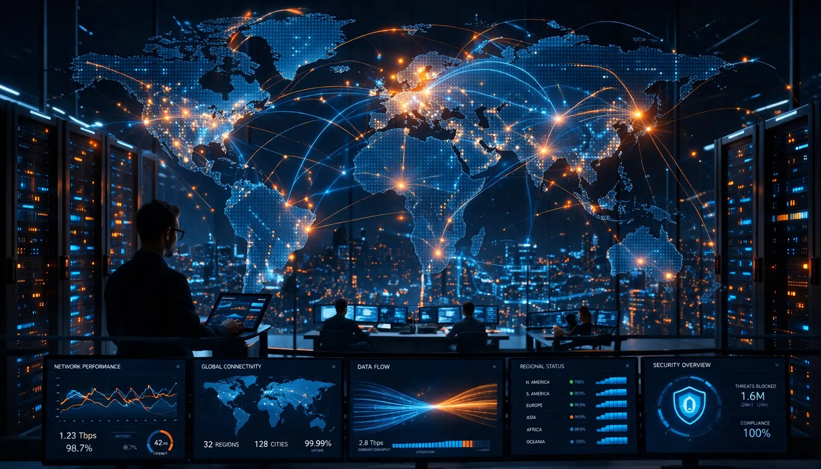 Salle de contrôle réseau avec carte du monde lumineuse et affichages montrant performance, connectivité et sécurité, évoquant sécurité et conformité externalisation informatique.