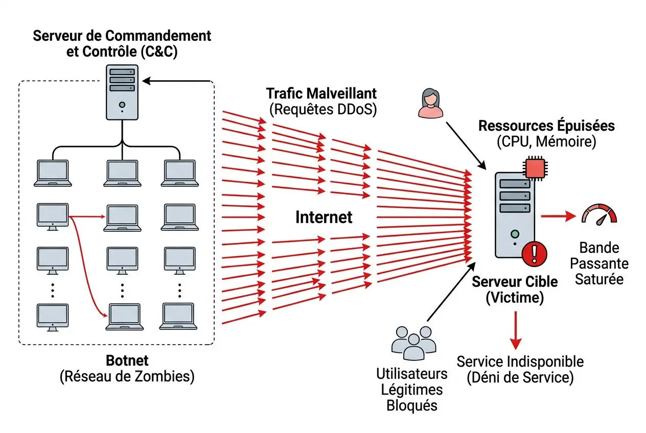 Schéma illustrant une attaque DDoS: trafic malveillant vers un serveur cible, criant “Trafic malveillant (Requêtes DDoS)” et impact sur les ressources, utilisateurs bloqués et bande passante saturée. Conventionnel pour expliquer les types d'attaques informatiques.