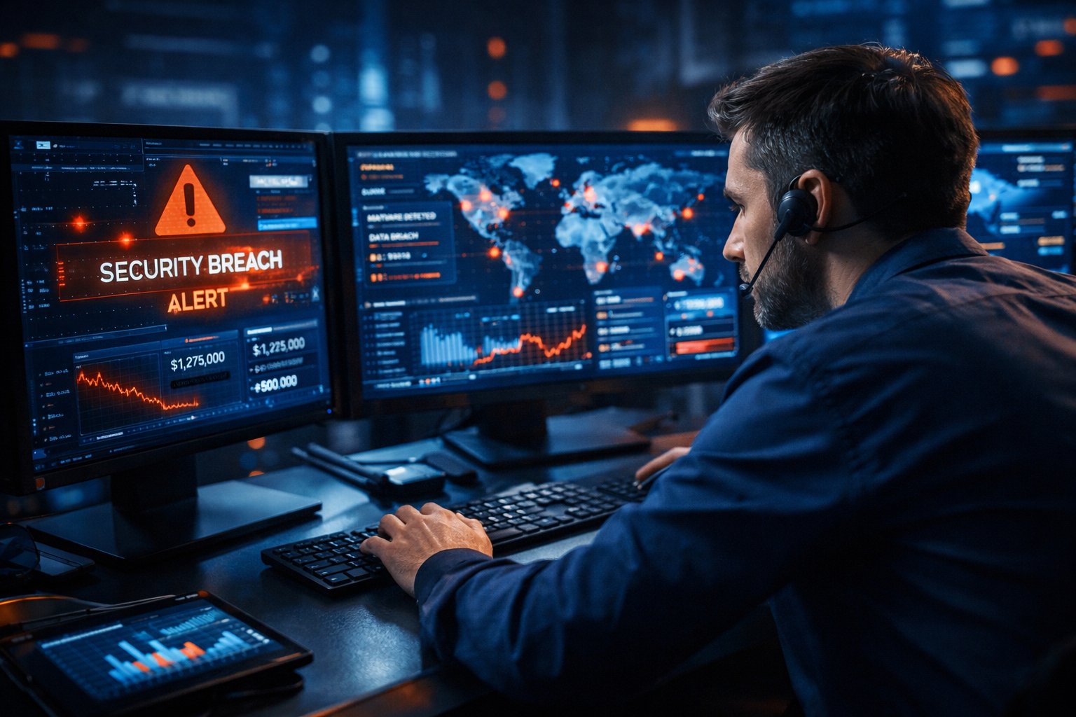 Agent de cybersécurité surveillant des écrans avec alertes "Security breach" et graphiques, en pleine séance de détection des menaces. la cybersécurité, c'est quoi.
