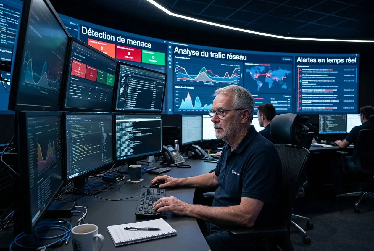 Analyste en cybersécurité et intelligence artificielle surveillant des écrans montrant la détection de menaces et l’analyse du trafic réseau, avec des graphiques et alertes en temps réel. Cybersécurité et intelligence artificielle.