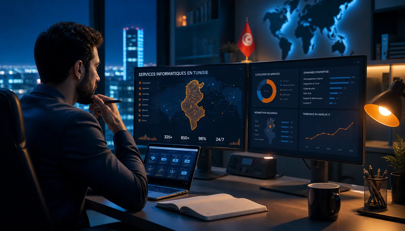 Analyste informatif devant deux écrans montrant des données et une carte du monde, dans un bureau nocturne.