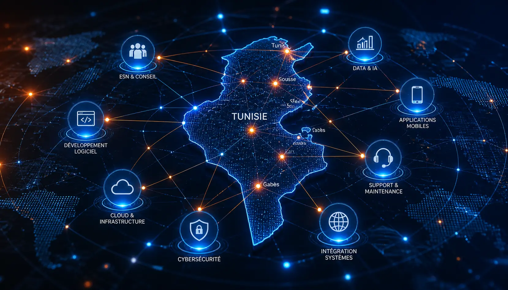 Carte numérique de la Tunisie avec connectivité et pôles IT: cybersécurité, intégration systèmes, cloud et infrastructure, données et IA, développement logiciel et applications mobiles.