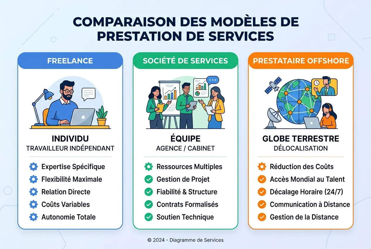Comparaison des modèles de prestation de services pour l’externalisation informatique, avec trois blocs: freelance, société de services et prestataire offshore. intégration de l’exemple d’entreprise externalisation exemple.