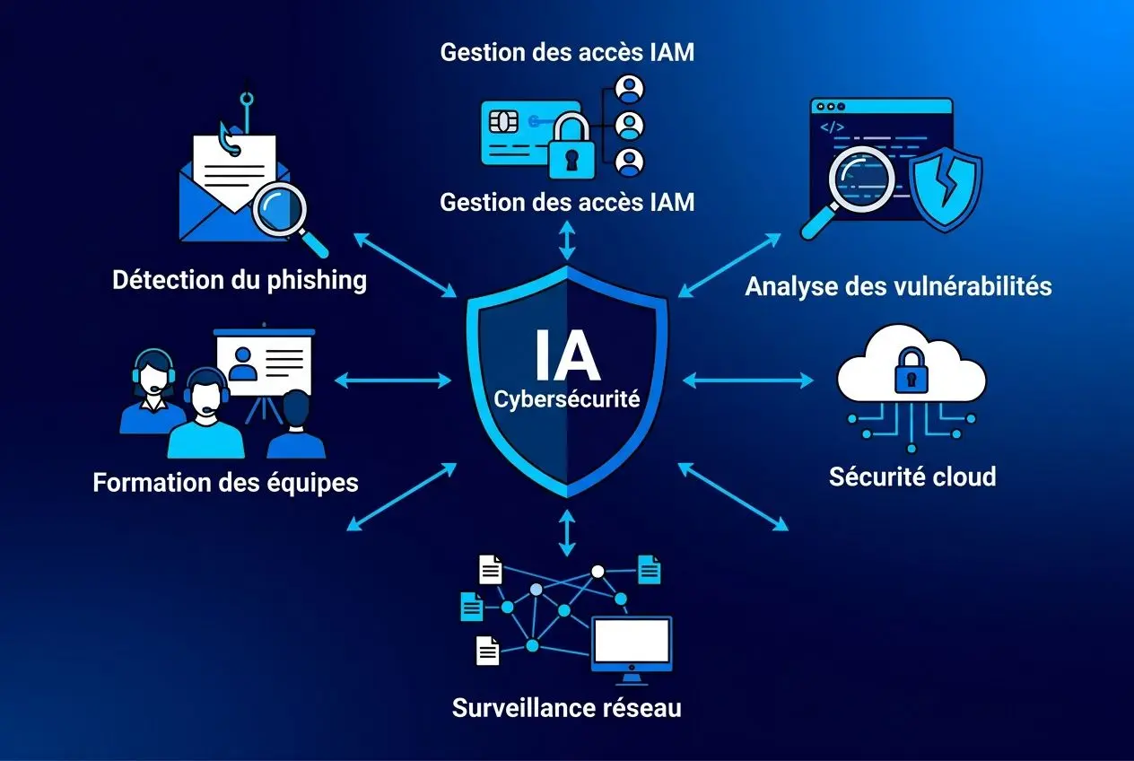 Cybersécurité et intelligence artificielle : schéma montrant IA au centre et diffusion vers détection du phishing, gestion des accès IAM, analyse des vulnérabilités, sécurité cloud, surveillance réseau et formation des équipes.