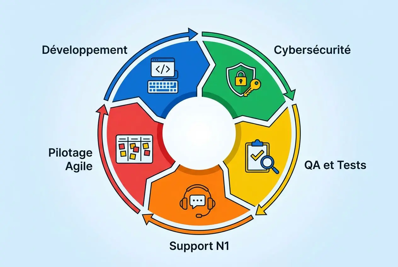 Diagramme circulaire illustrant les domaines IT: Développement, Cybersécurité, QA et Tests, Support N1 et Pilotage Agile, avec flèches de régie délocalisée informatique.