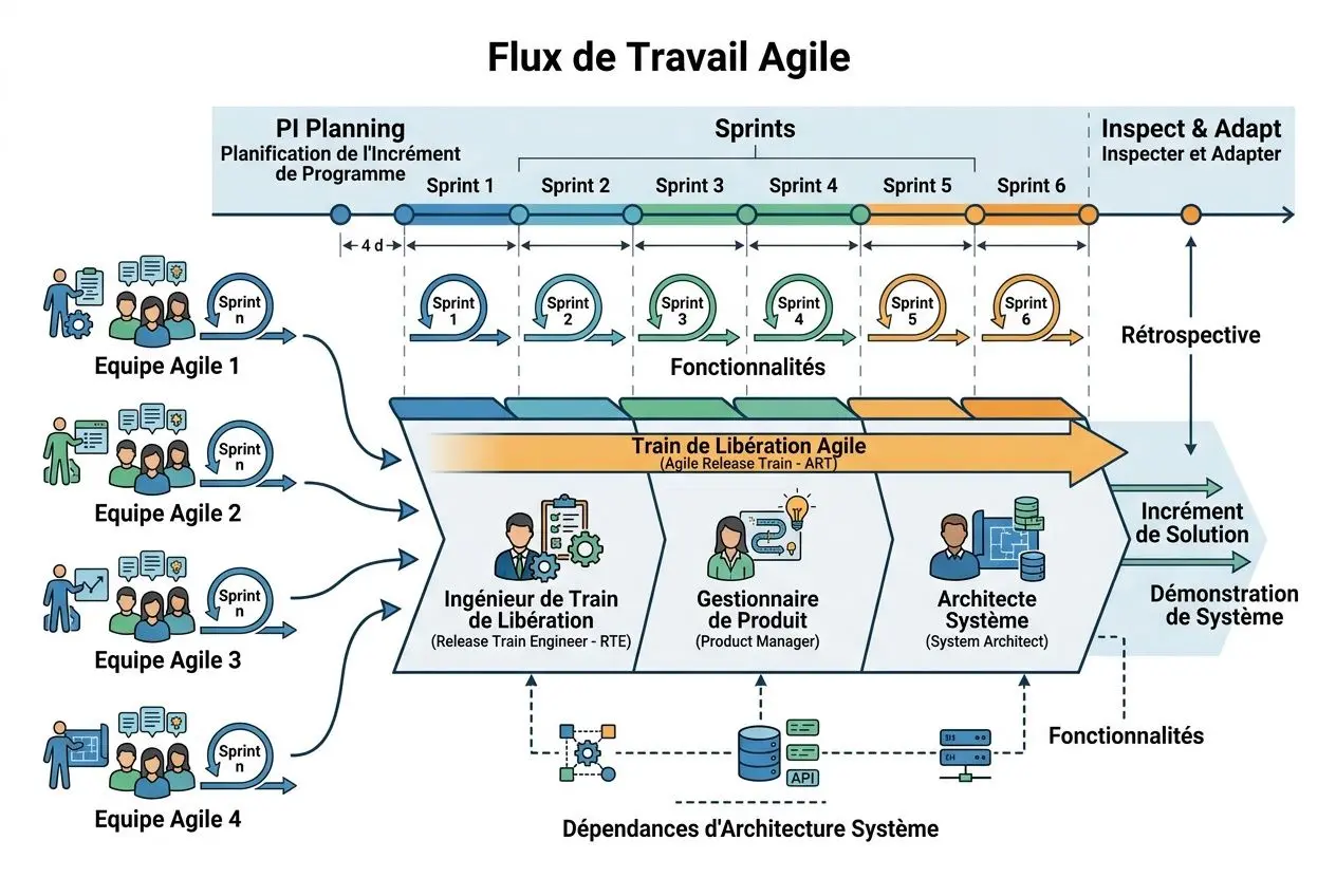 Diagramme Flux de Travail Agile montrant les rôles clés et leurs responsabilités dans une équipe agile : Scrum Master, Product Owner, équipe agile, avec train de libération et dépendances d’architecture système. Étiquette “équipe agile rôles responsabilités” intégrée.