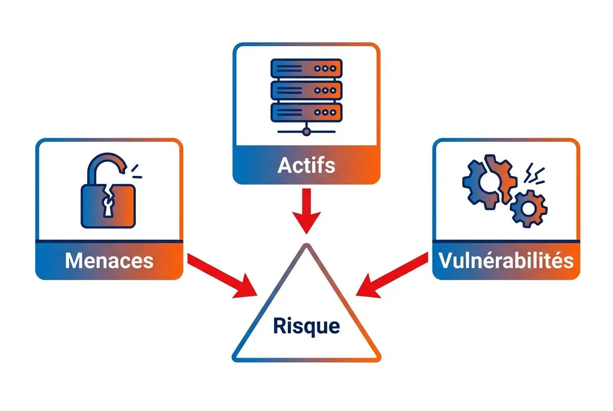 Diagramme illustrant le risque lié à l’externalisation des services informatiques: bloc central “Risque” connecté par flèches rouges à “Actifs”, “Menaces” et “Vulnérabilités”.