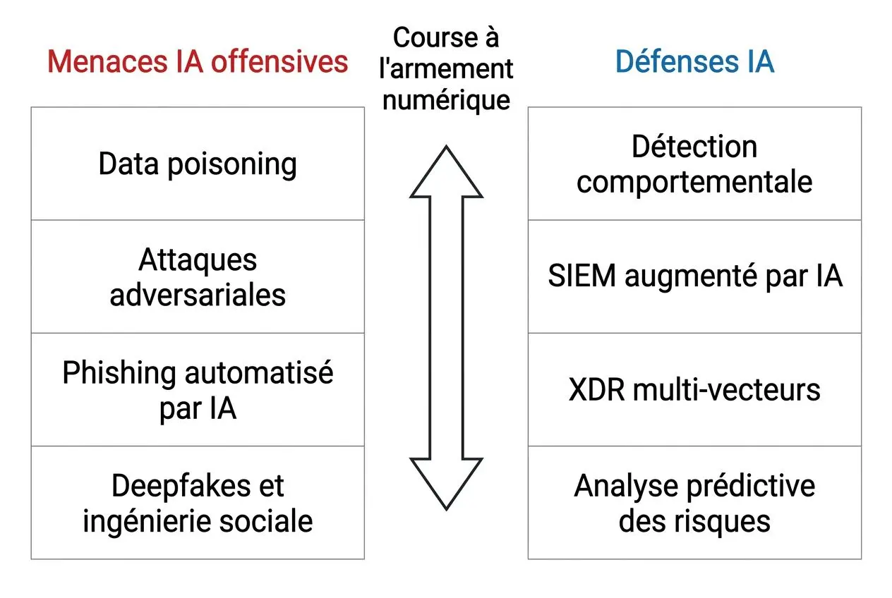 Diagramme sur les menaces IA offensives et défenses IA : cybersécurité et intelligence artificielle, avec détection comportementale, SIEM augmenté par IA, XDR multi- vecteurs et analyse prédictive des risques.