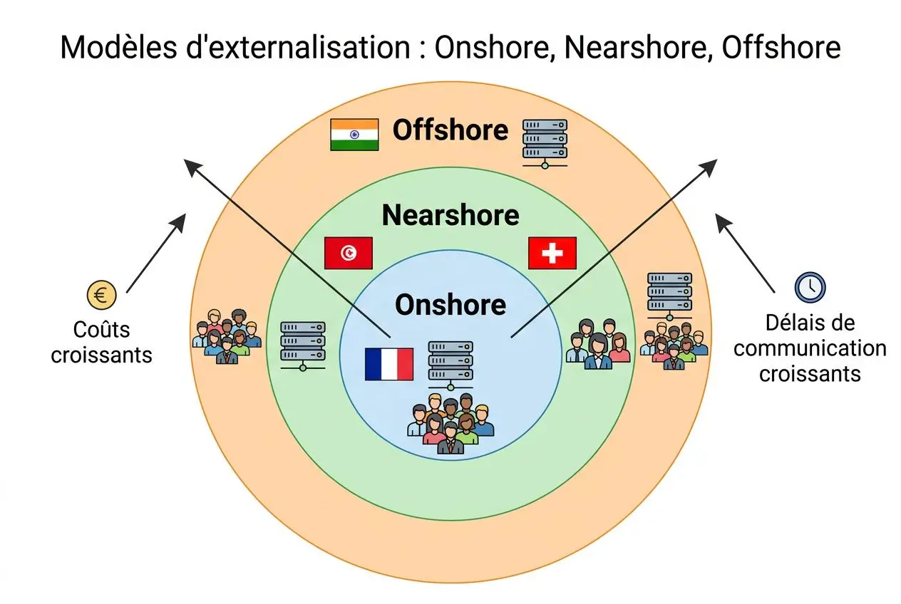Différence entre outsourcing et consultation : schéma illustrant Onshore, Nearshore et Offshore avec coûts et délais croissants et exemples de régions.