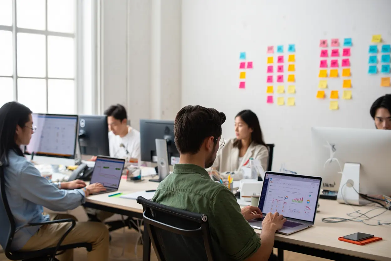 Équipe en open space travaillant sur ordinateurs portables, tableau d’affichage coloré derrière eux. outsourcing définition dans l’air.