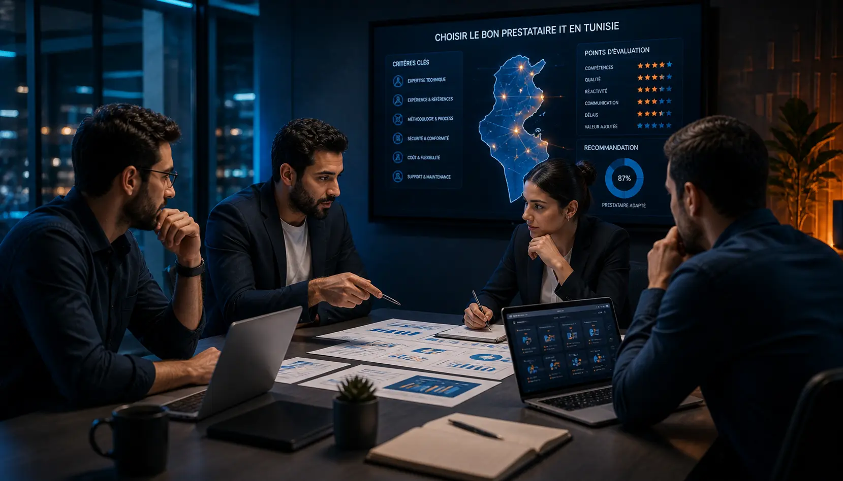 Équipe professionnelle en réunion autour d’une table, analysant des graphiques et un grand écran montrant une carte et des métriques de performance.