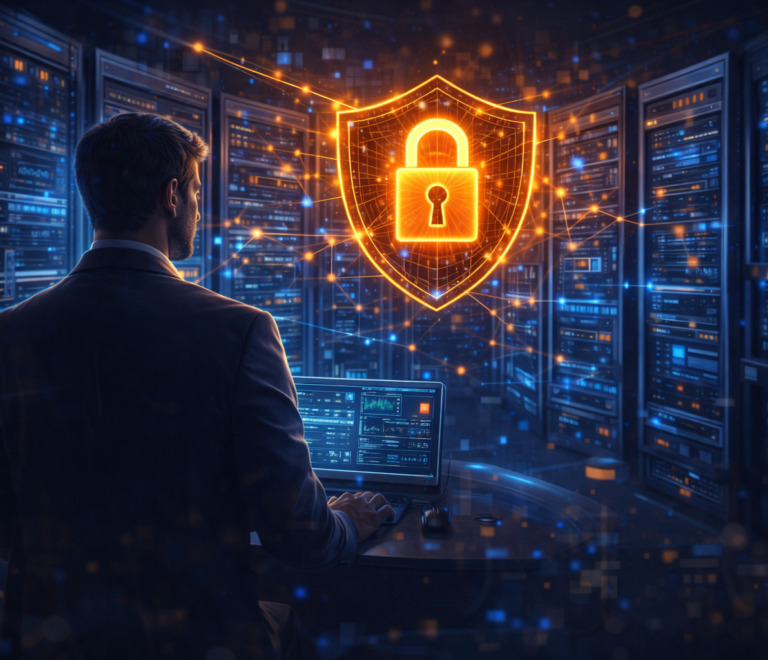 Expert en sécurité et informatique en régie délocalisée informatique monitorant des serveurs sécurisés avec cadenas lumineux sur écran.