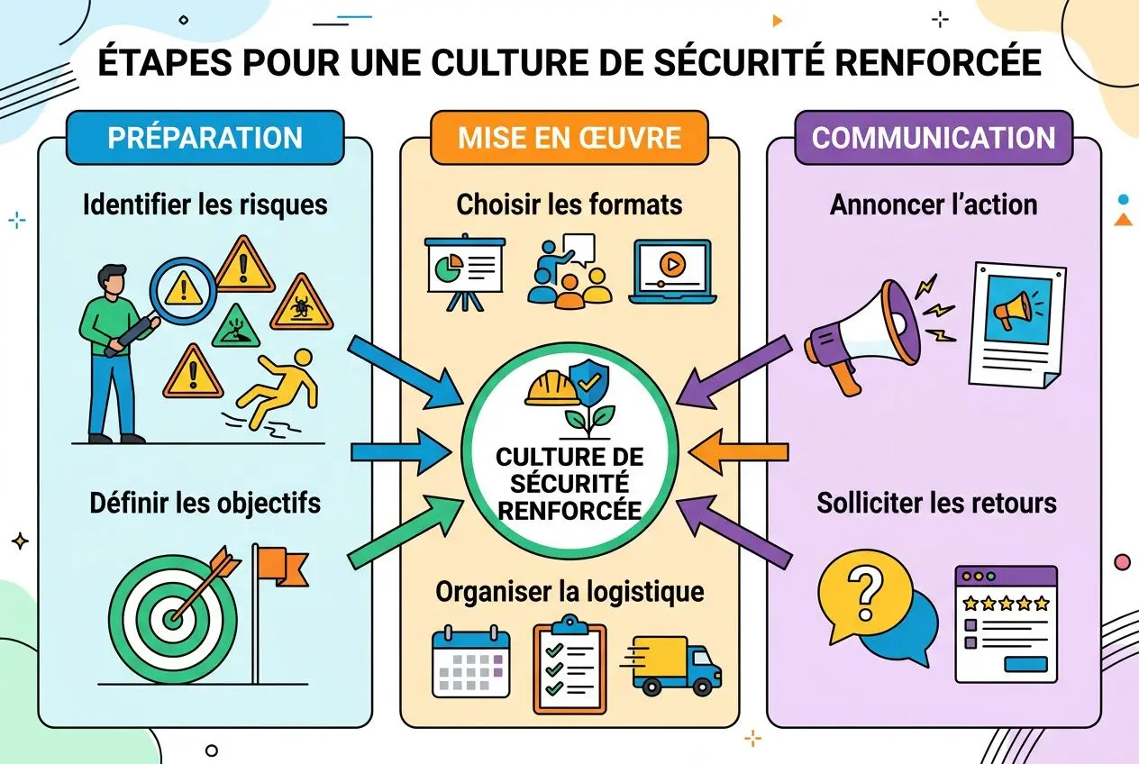 Graphique expliquant les étapes pour une culture de sécurité renforcée : préparation, mise en œuvre et communication, avec icônes liées à l’identification des risques, objectifs, formats, logistique et retours. intégration des avantages de la cybersécurité.
