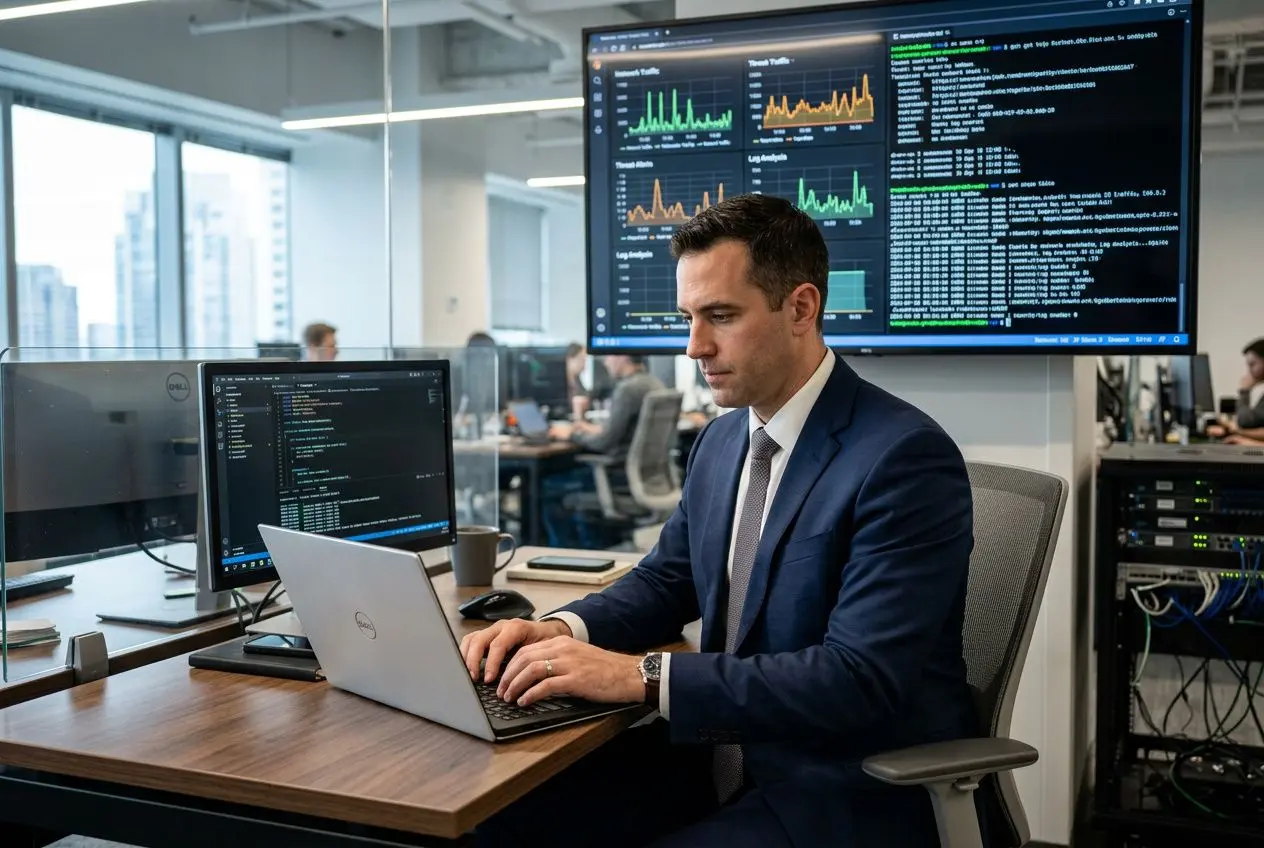 Homme d’affaires en costume devant un ordinateur portable dans une salle de cybersécurité, écrans avec graphiques et code en arrière-plan. La cybersécurité, c'est quoi.