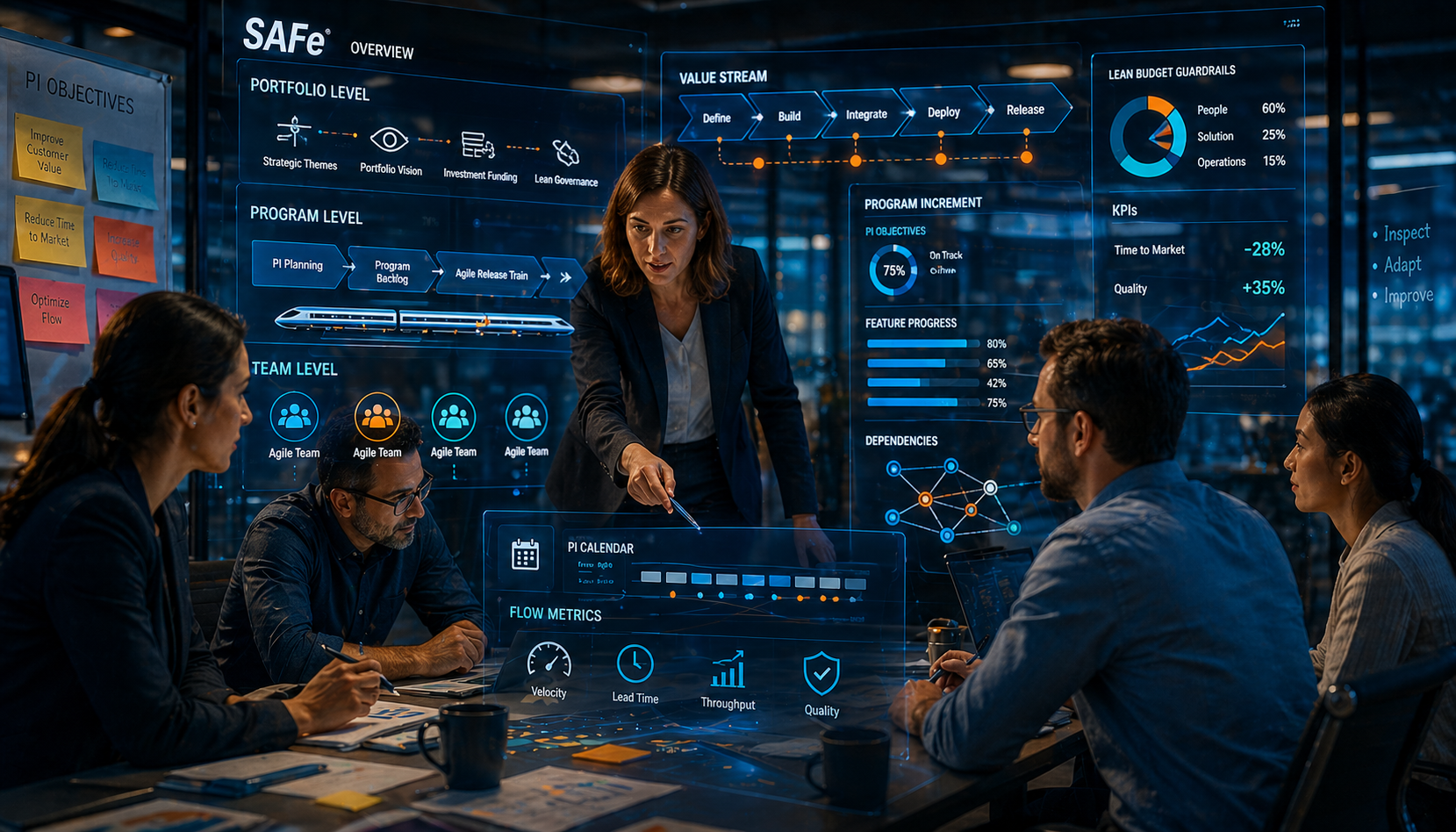 Réunion d’équipe autour d’un tableau interactif affichant des graphiques et métriques sur l’architecture entreprise et l’approche agile.