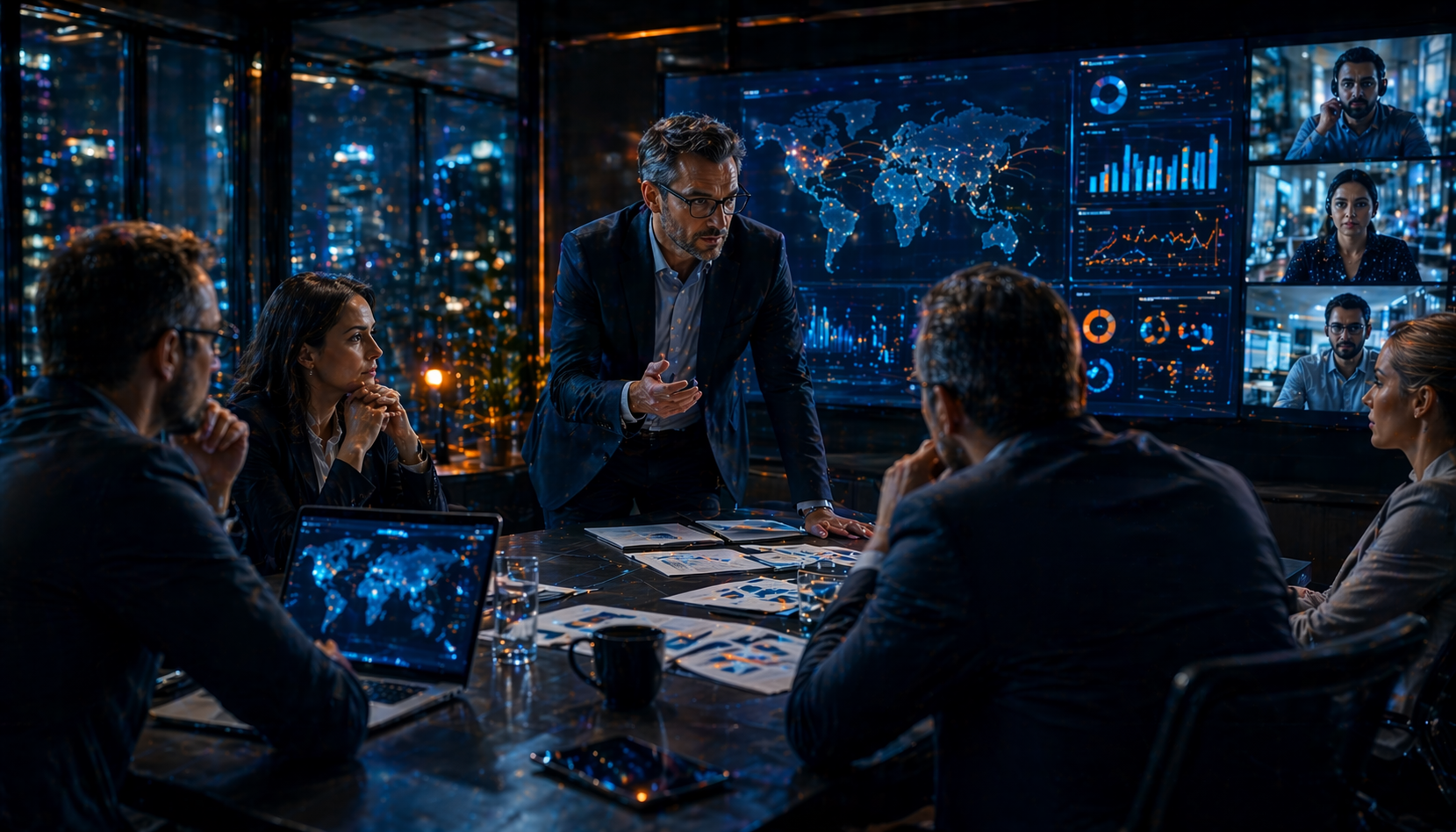 Réunion d’équipe autour d’un tableau numérique avec un homme en blazer expliquant, et plusieurs collègues en visio sur grand écran, discussions et graphiques. intégration: outsourcing définition.
