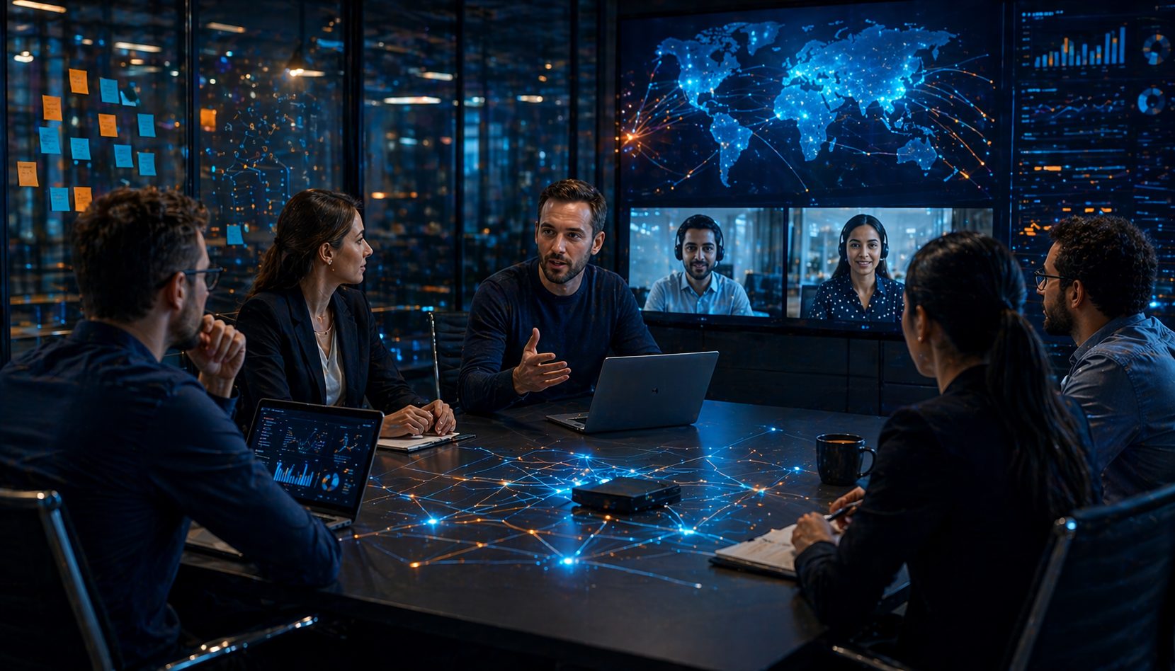 Réunion d’équipe dans une salle high-tech, discussion autour d’un écran montrant une carte du monde et des graphiques, sur fond bleu. outsourcing définition.