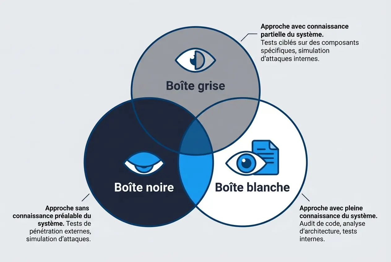 Schéma de « audit de sécurité réseau » montrant trois boîtes en Venn (boîte grise, boîte noire, boîte blanche) et les zones d’approches: connaissance partielle, connaissance complète et tests externes/ internes.