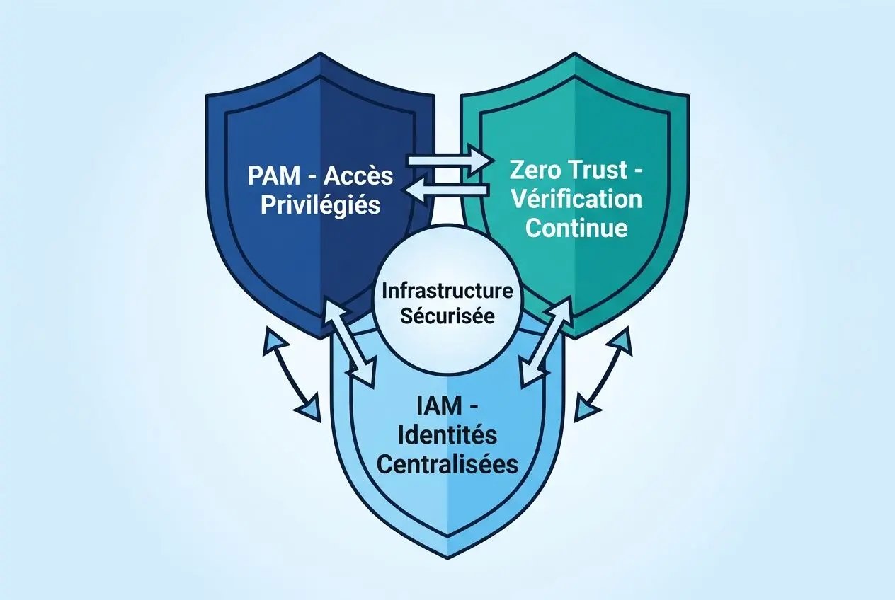 Schéma de gestion accès utilisateurs sécurité montrant IAM: identités centralisées reliées à PAM et Zero Trust - vérification continue et infrastructure sécurisée.