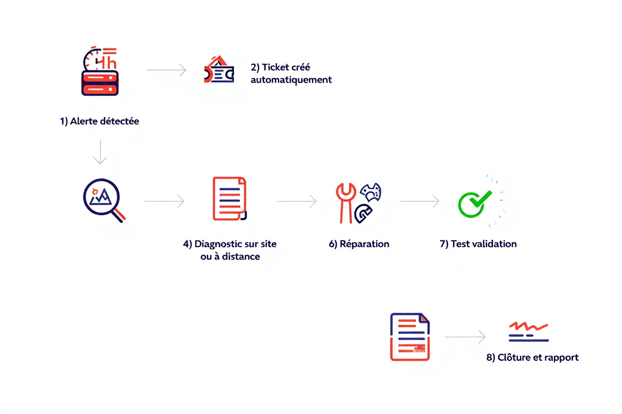 Schéma de processus de service: détection d’alerte, création automatique du ticket, diagnostic sur site ou à distance, réparation, test de validation, clôture et rapport pour le centre de services informatiques tunisie.