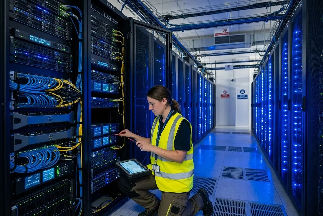 Technicien(ne) en data center utilisant un outil de diagnostic dans une salle serveur, entouré(e) d’équipements et de câbles pour l’externalisation des services informatiques.
