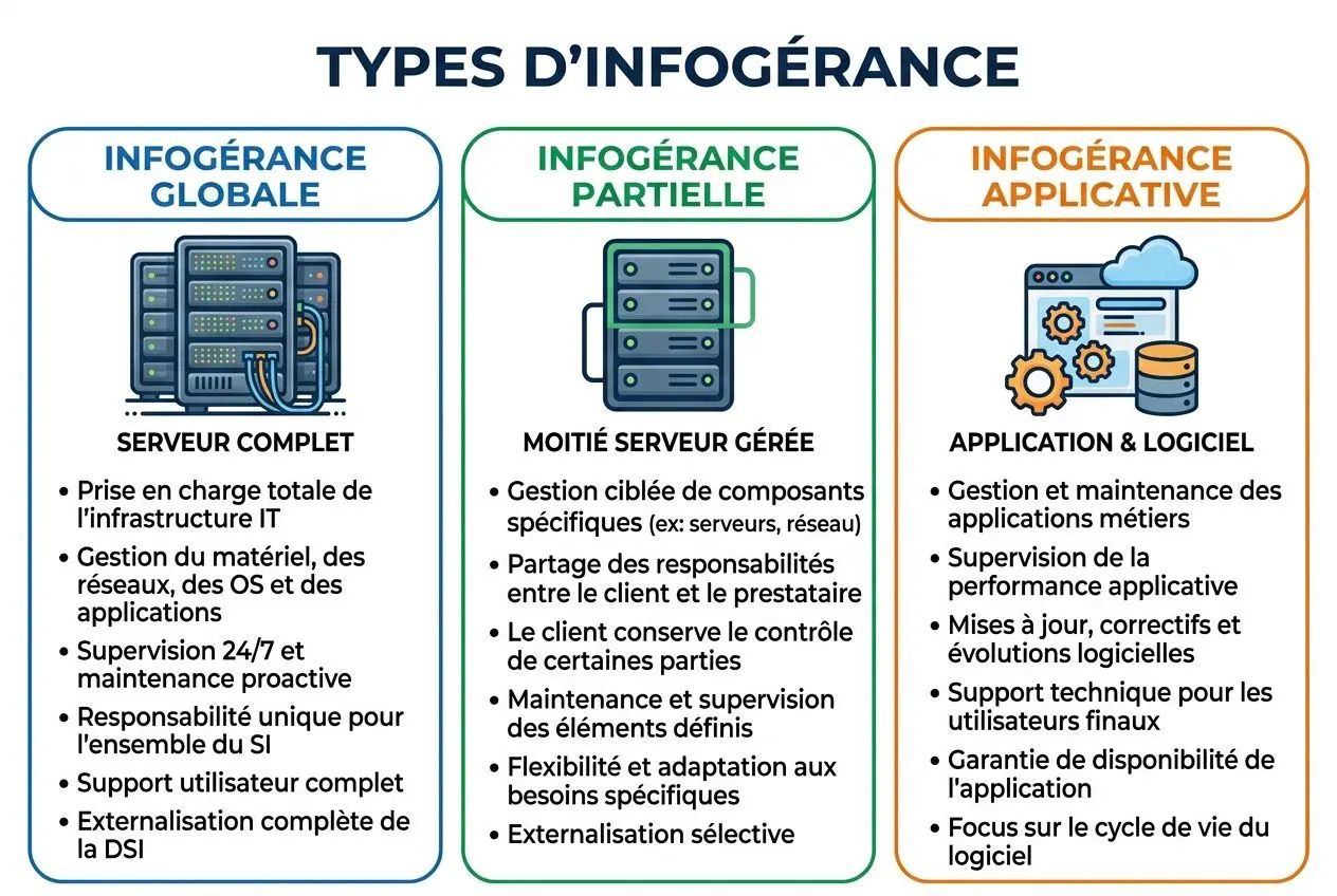 Types d’infogérance: infogérance globale, partielle et applicative présentent leurs spécificités et enjeux du SI, outsourcing et infogérance.