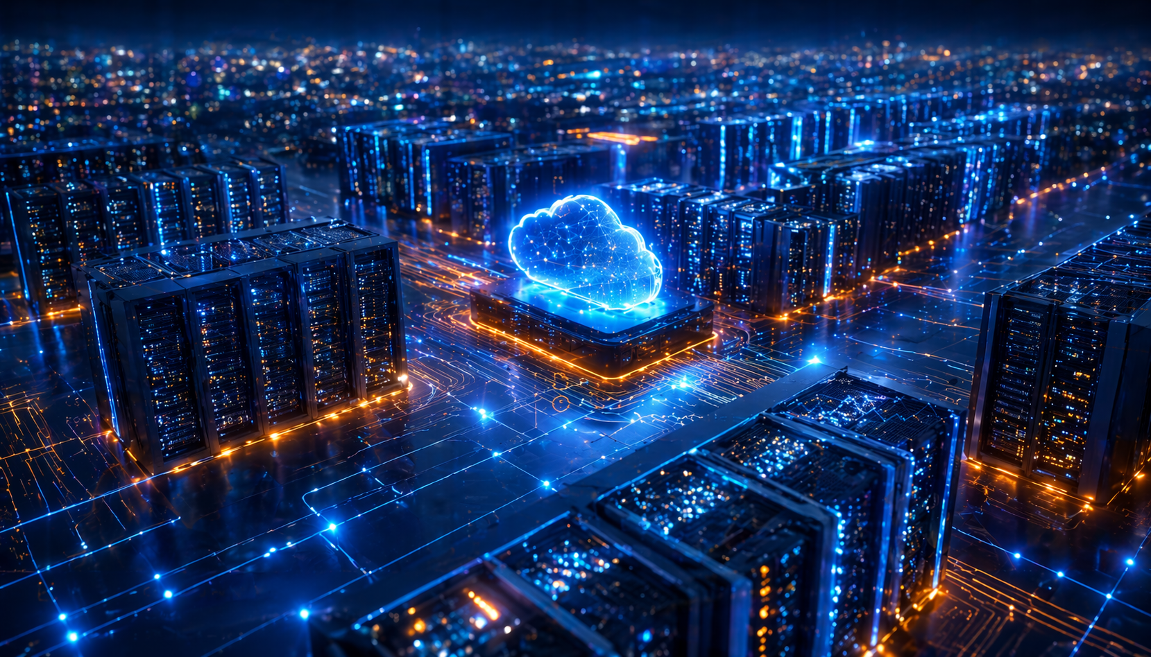 Vue d'un data center futuriste avec nuage bleu lumineux au centre, symbolisant l'externalisation des services informatiques.