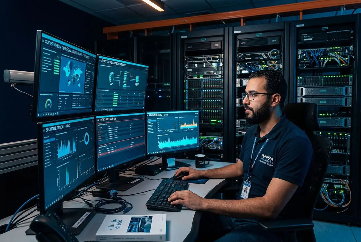 Administrateur réseau en Tunisie surveillant et gérant une infrastructure avec plusieurs écrans et serveurs, illustration d’une administration réseau externalisée Tunisie.