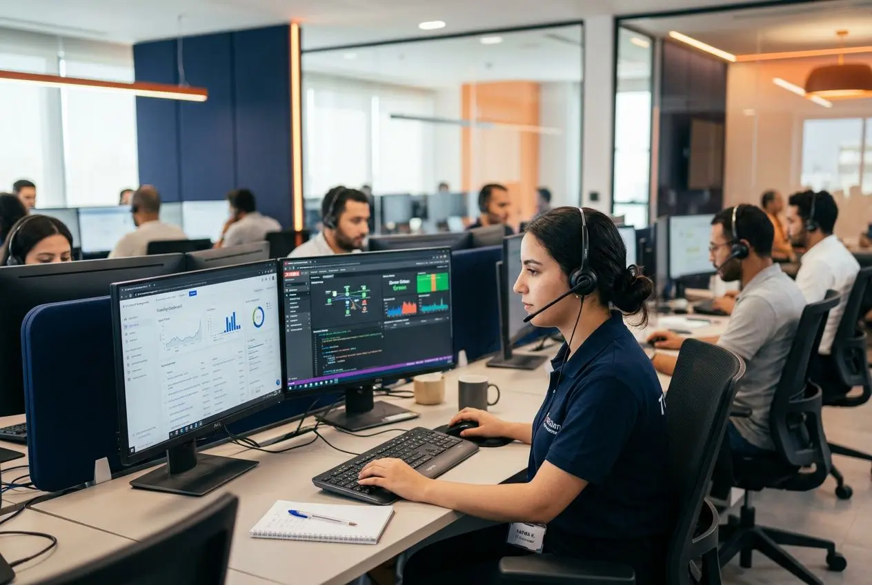 Agent helpdesk tunisie au bureau, femme avec casque gérant des écrans et monitorings informatiques en support technique.