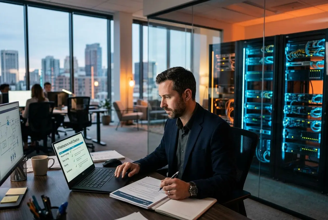 Analyste informatique travaillant dans un bureau moderne avec serveurs, écran et notes, en train de rédiger un document. Intégration possible du thème : comment choisir son prestataire informatique.