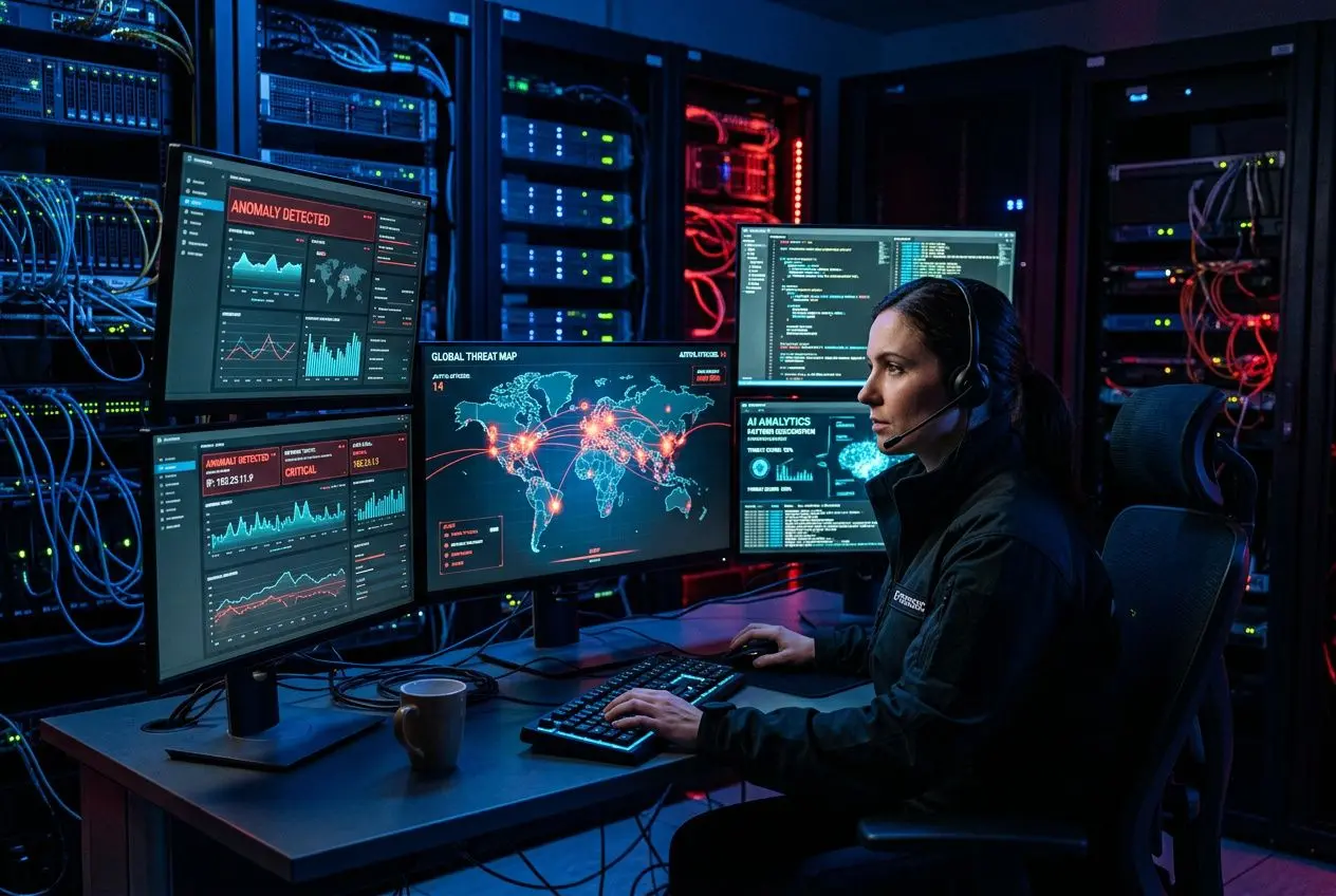Analyste en sécurité devant plusieurs écrans affichant des cartes du monde et des graphiques, surveillant des menaces liées à l’intelligence artificielle. Artificial intelligence cyber attacks visible.