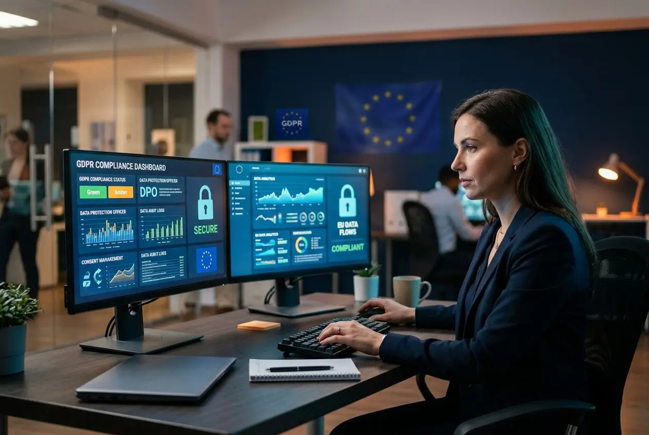 Analyste travaillant sur un poste avec plusieurs écrans affichant des données de conformité GDPR et des graphiques liés à l’IA et à la protection des données personnelles.