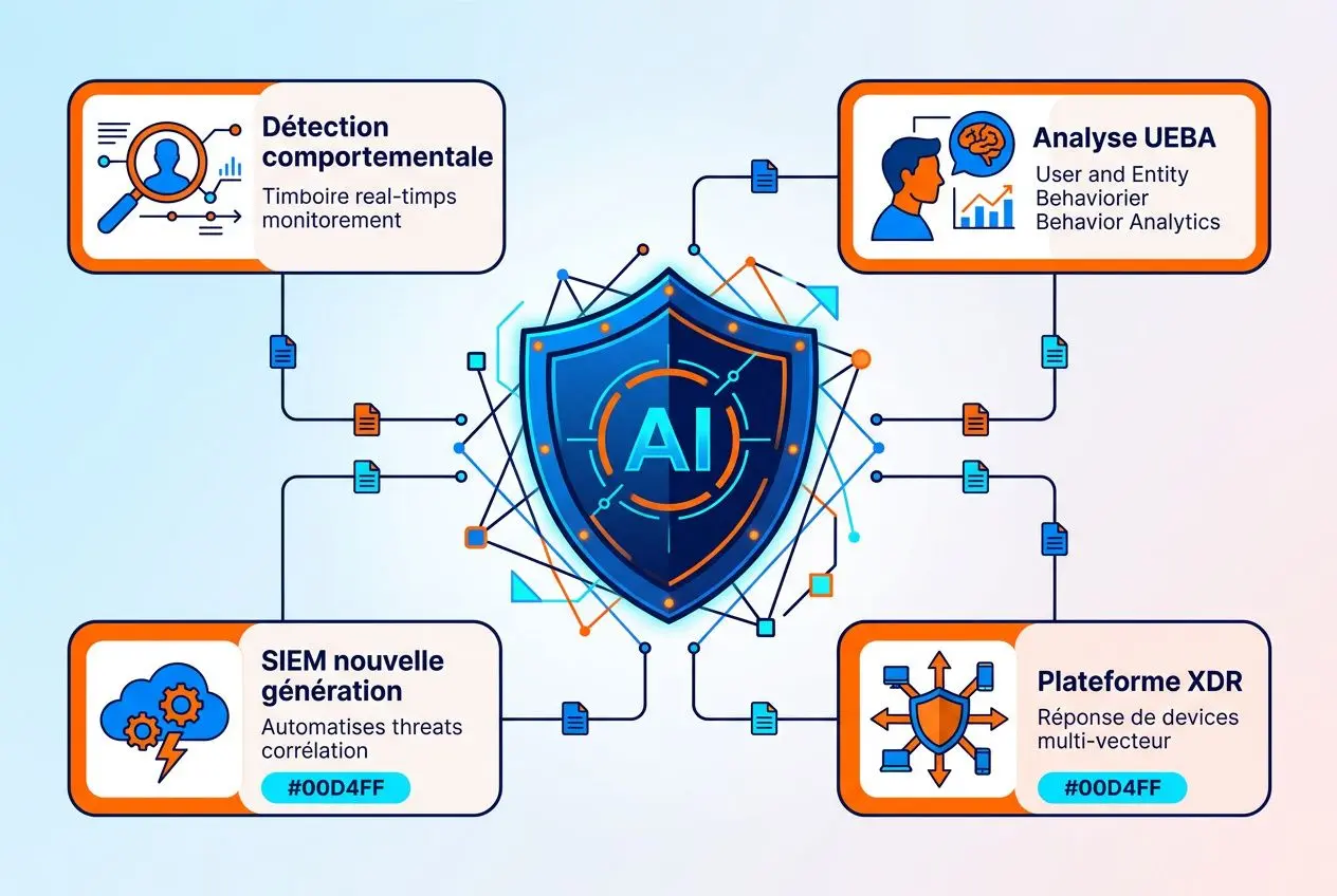 Centre bleu avec bouclier et symboles AI, entouré de quatre panneaux explicatifs sur l’intelligence artificielle et les cyberattaques.