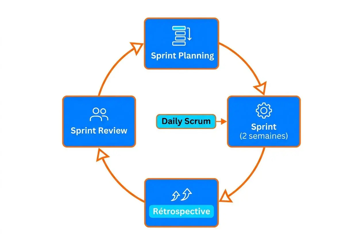 Cycle Scrum illustrant le processus agile: Sprint Planning, Sprint (2 semaines), Rétrospective et Sprint Review avec flèches circulaires. intègre le concept de « comment mettre en place la méthode agile ».