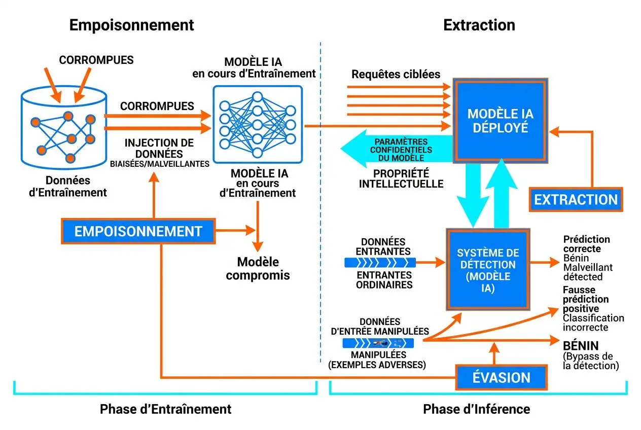Diagramme sur les attaques par intelligence artificielle et les défenses: apprentissage, injection de données et détection via modèle IA, avec évasion et extraction.
