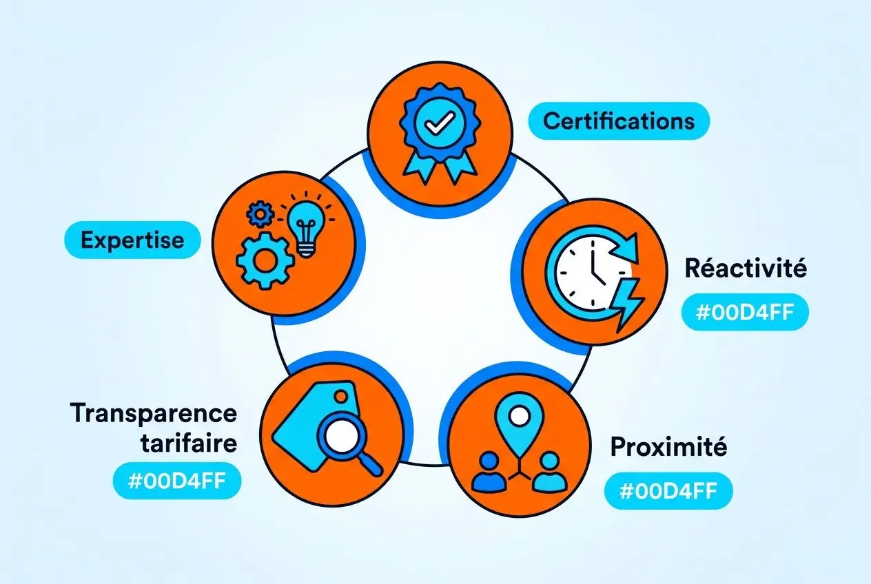 Diagramme circulaire illustrant les critères pour choisir son prestataire informatique : expertise, certifications, réactivité, proximité, transparence tarifaire.