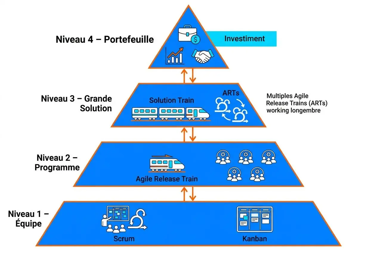 Diagramme illustrant les 4 niveaux de l'agilité sécurisée: équipe, programme, solution étendue et portefeuille, avec Scrum/Kanban et les flux entre niveaux. Les niveaux progressifs montrent les pratiques SAFe. les 4 niveaux de l'agilité sécurisée.