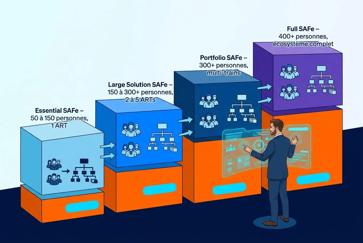 Diagramme illustrant les 4 niveaux de l'agilité sécurisée en SAFe, de l’équipe au portefeuille, avec un consultant interagissant avec un tableau numérique.