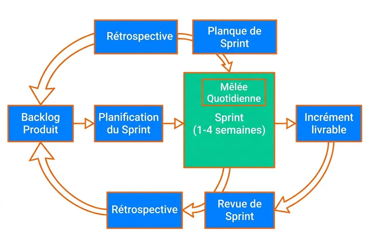 Diagramme Scrum montrant le cycle: Backlog Produit → Planification du Sprint → Sprint (1-4 semaines) avec Mêlée Quotidienne, puis Incrément livrable et Revue/Sprint, Rétrospective et Planification continuelle. Intègre le concept de structurer une équipe agile.